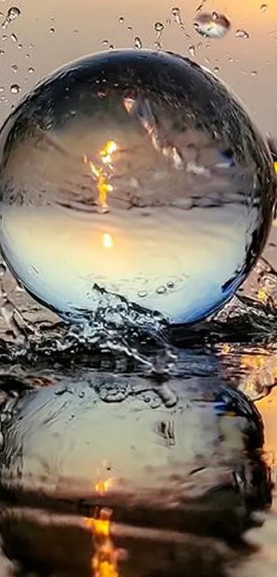 Crystal ball with sunset reflection on water surface.