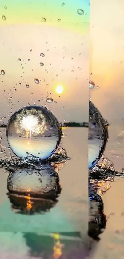 A glass sphere reflects a stunning sunset over serene water.