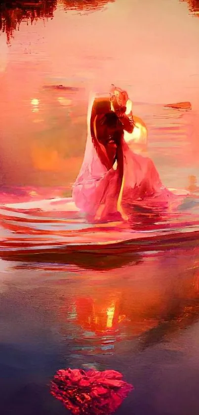 Serene sunset reflection with vibrant colors on water in artistic design.