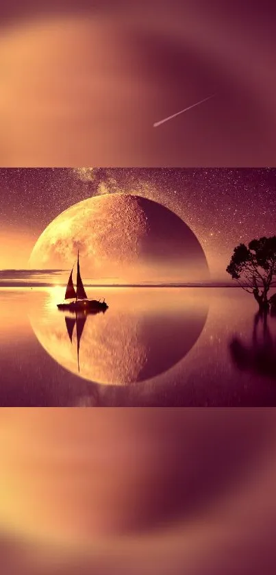 Serene sunset reflection with sailboat and crescent moon in calm waters.