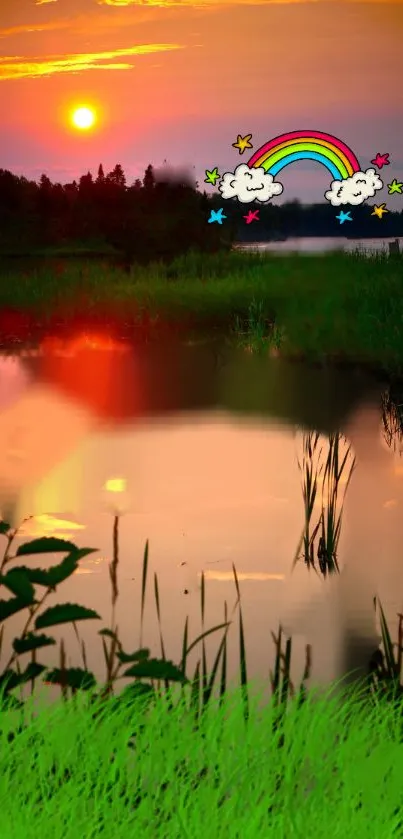 Sunset over lake with rainbow art.