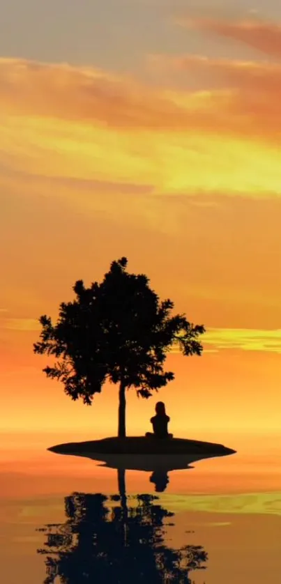 Tree silhouette on island with sunset reflections creating a serene ambiance.