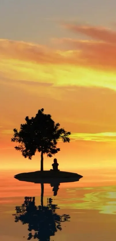 Silhouette of tree and person on an island at sunset with water reflection.