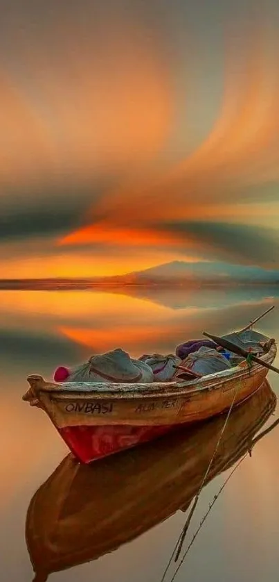 Sunset over calm lake with boat reflecting in water.