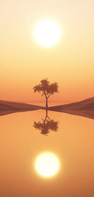 Serene sunset with tree reflection on water in a desert landscape.