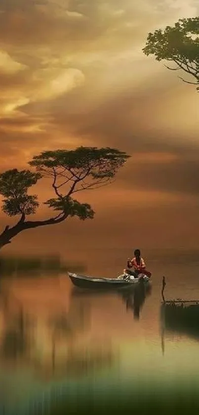 Serene sunset with boat and trees on a lake.