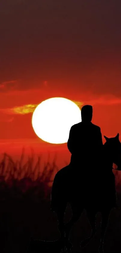 A rider silhouetted against a red sunset sky, capturing serene beauty.