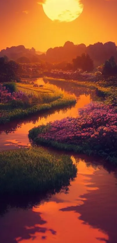 Serene sunset river landscape with vibrant colors.