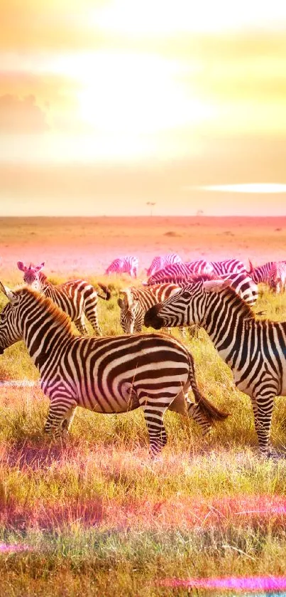 Zebra herd on a savanna with a golden sunset in the background.