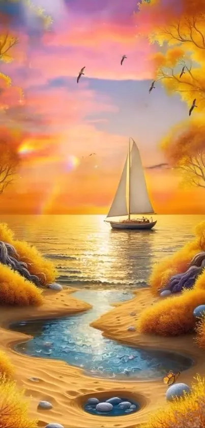 Sailboat at sunset amid vibrant, tranquil seascape.