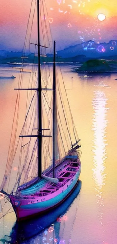 Vibrant watercolor sailboat at sunset on a calm ocean.