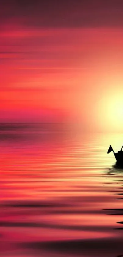 Serene sunset with sailboat on calm ocean.