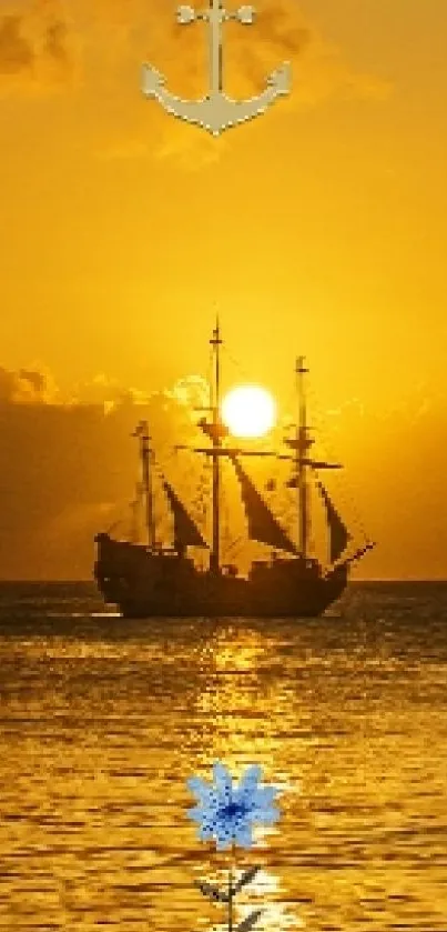 Majestic ship silhouette during golden sunset on tranquil ocean.