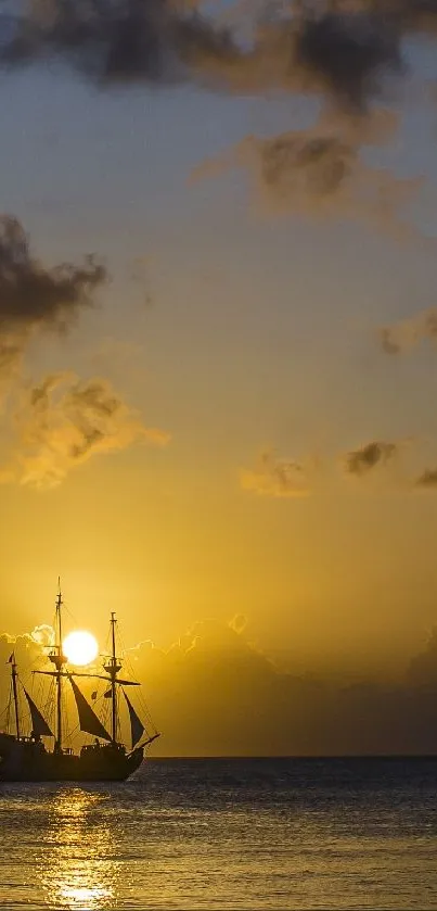 Silhouetted ship sails into a golden sunset over tranquil waters.