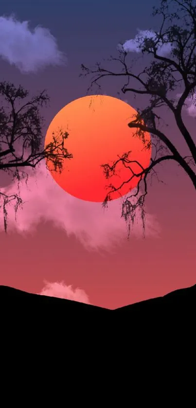 Silhouette of trees at sunset with a vibrant red sun.