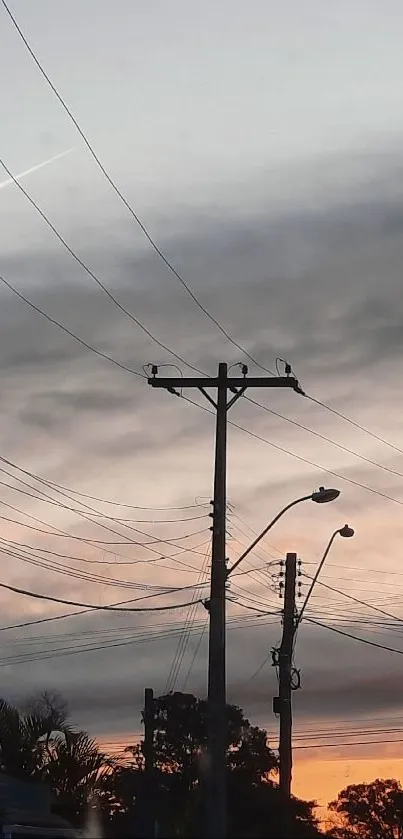 Stunning sunset silhouette with telephone poles and dusky orange sky.