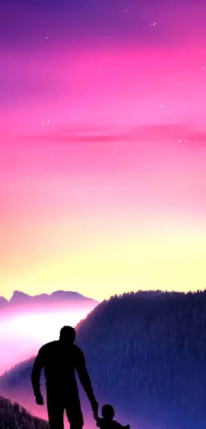 Mountain sunset silhouette wallpaper with vibrant pink sky.