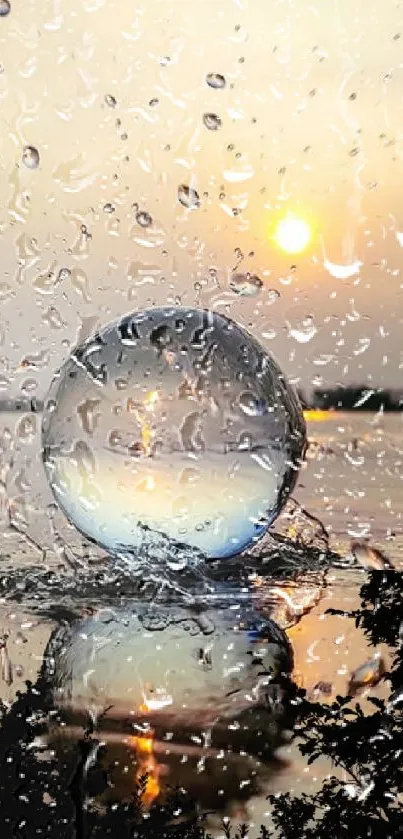 Reflective water splash with sunset backdrop, creating a serene natural scene.