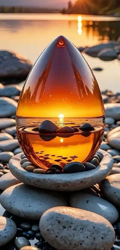 A sunset reflecting on stones creating a serene and tranquil scene.