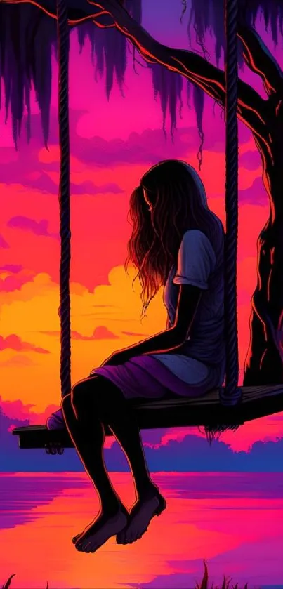 Silhouette of a person on a swing at sunset with vibrant orange and pink hues.