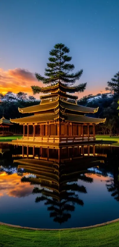 A serene temple reflecting on calm water during a vibrant sunset with a blue sky.