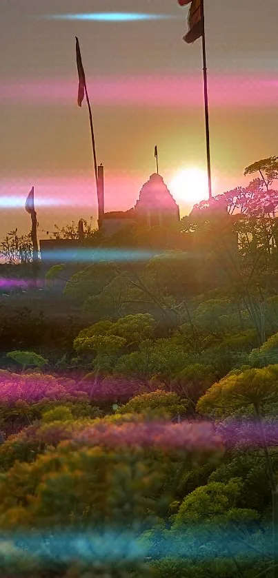 Beautiful sunset scene with temple and flags in the foreground.