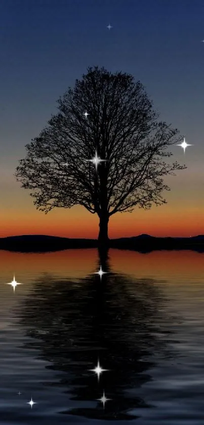 Tree silhouette reflected in a serene sunset lake.