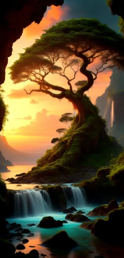 Majestic tree at sunset with waterfall in a serene landscape wallpaper.