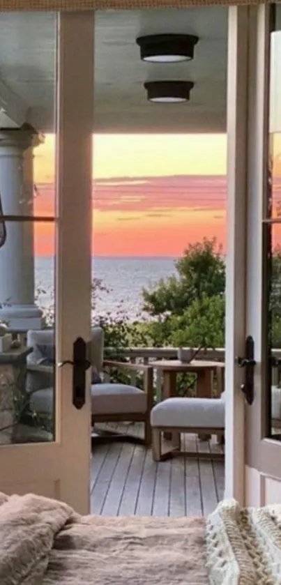 Tranquil sunset view through French doors overlooking the ocean.