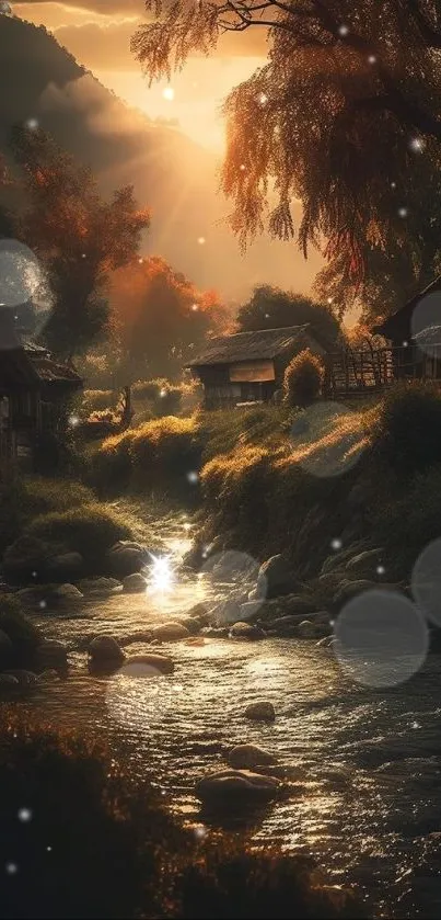 Serene sunset over village stream, shadows and light beautifully balanced.