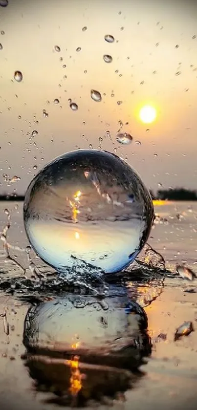 Serene sunset reflected in a water droplet for mobile wallpaper.