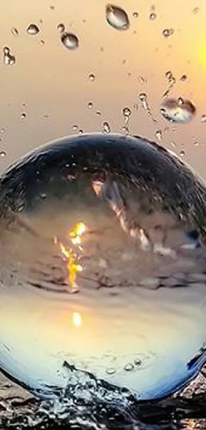 Sunset with water droplets reflecting light over a calm water surface.
