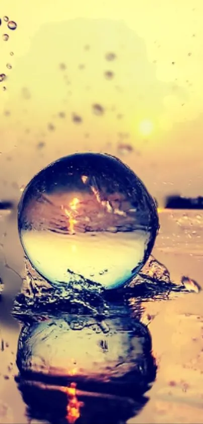 Sunset reflected in water droplet with serene colors.