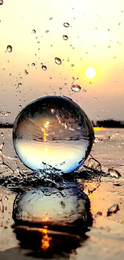 Crystal sphere reflecting golden sunset over calm water.