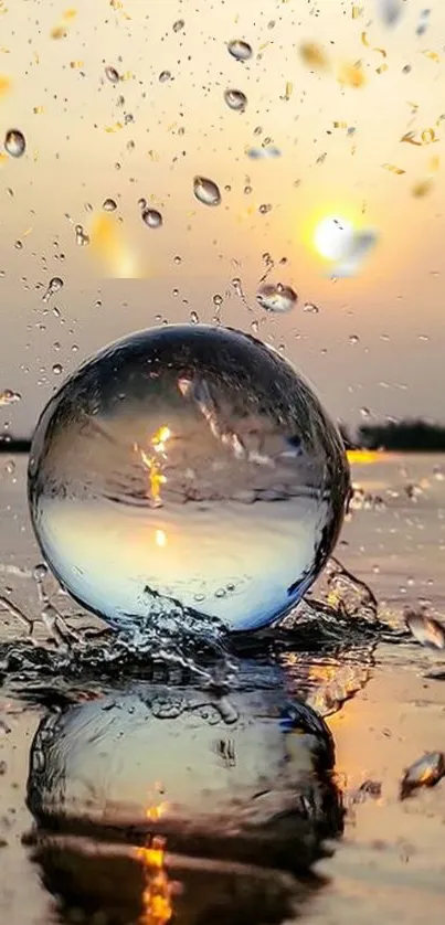 Glass sphere reflecting a serene sunset over calm water.