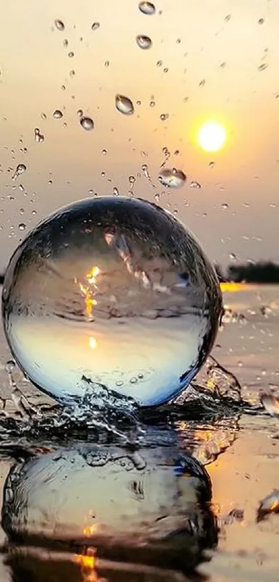 A crystal-clear water sphere with sunset backdrop.