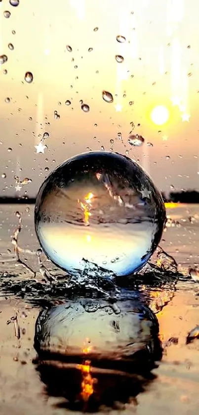 Sunset reflecting in a water sphere, serene mobile wallpaper.