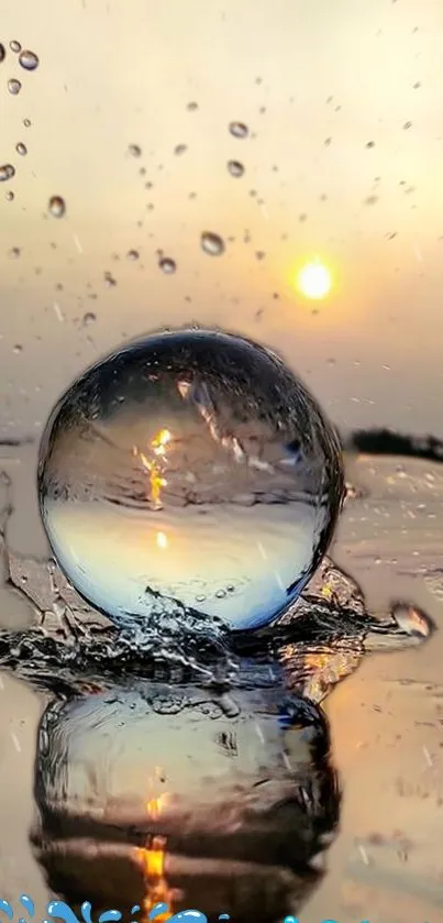 Reflective water sphere with sunset backdrop creating a serene mobile wallpaper.