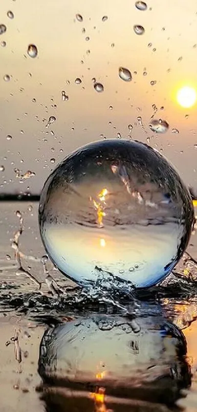 Stunning sunset with water sphere and splash.