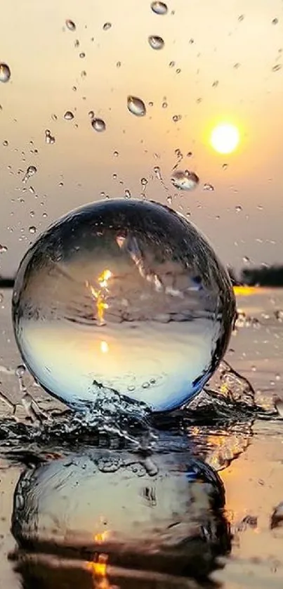 Crystal ball splashes water at sunset, creating reflections.