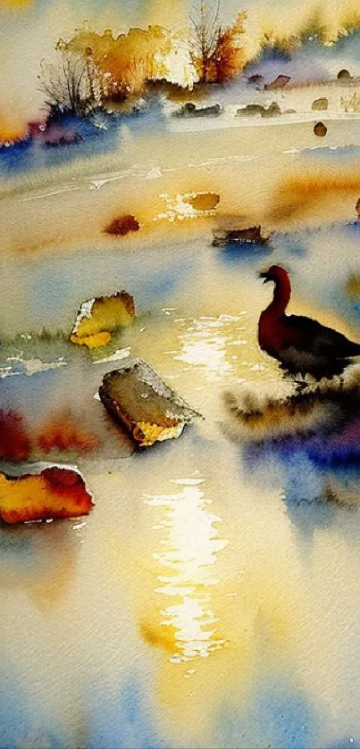 Watercolor sunset landscape with a silhouetted duck in vibrant colors.