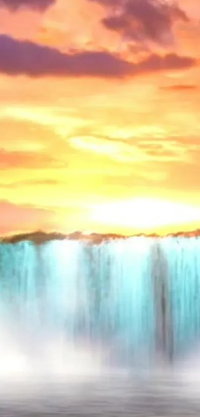 Stunning sunset over a cascading waterfall, creating a serene and tranquil scene.