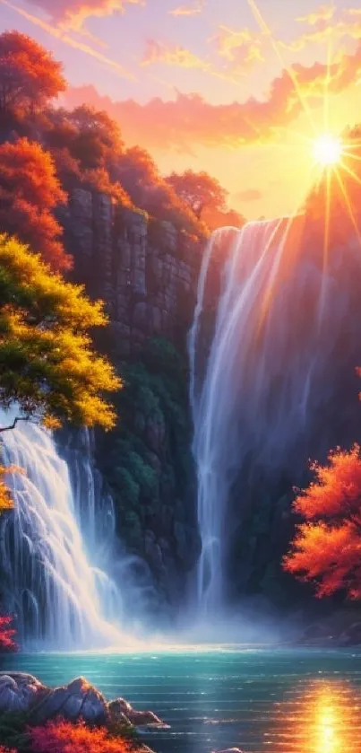 A serene sunset waterfall with vibrant autumn colors and glowing sunlight.