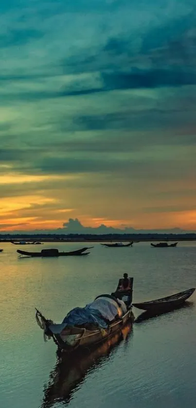 Sunset over lake with boats and serene sky reflection.