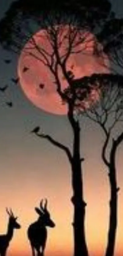 Silhouetted wildlife at sunset with vibrant moonrise in nature scene.