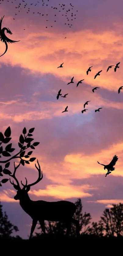 Silhouette of a deer against a vibrant orange sunset sky, with birds flying.