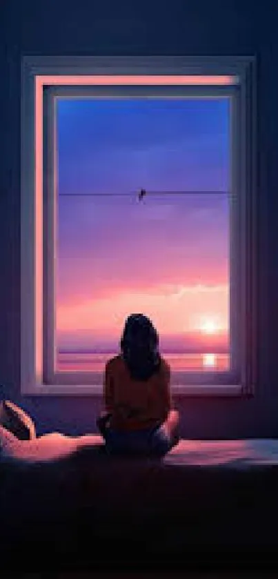 Silhouette sits by window at sunset with a serene view.