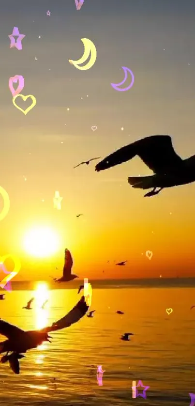 Serene sunset with birds and colorful symbols over ocean.