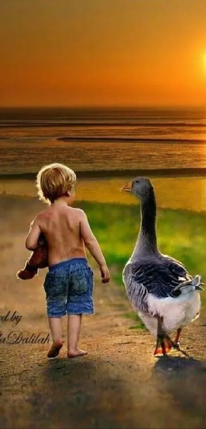 Child and goose walking at sunset on the beach.