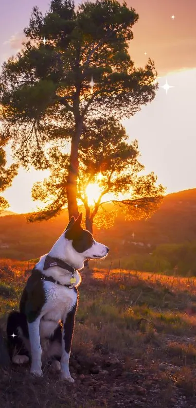 Dog sitting by tree at sunset with orange sky.